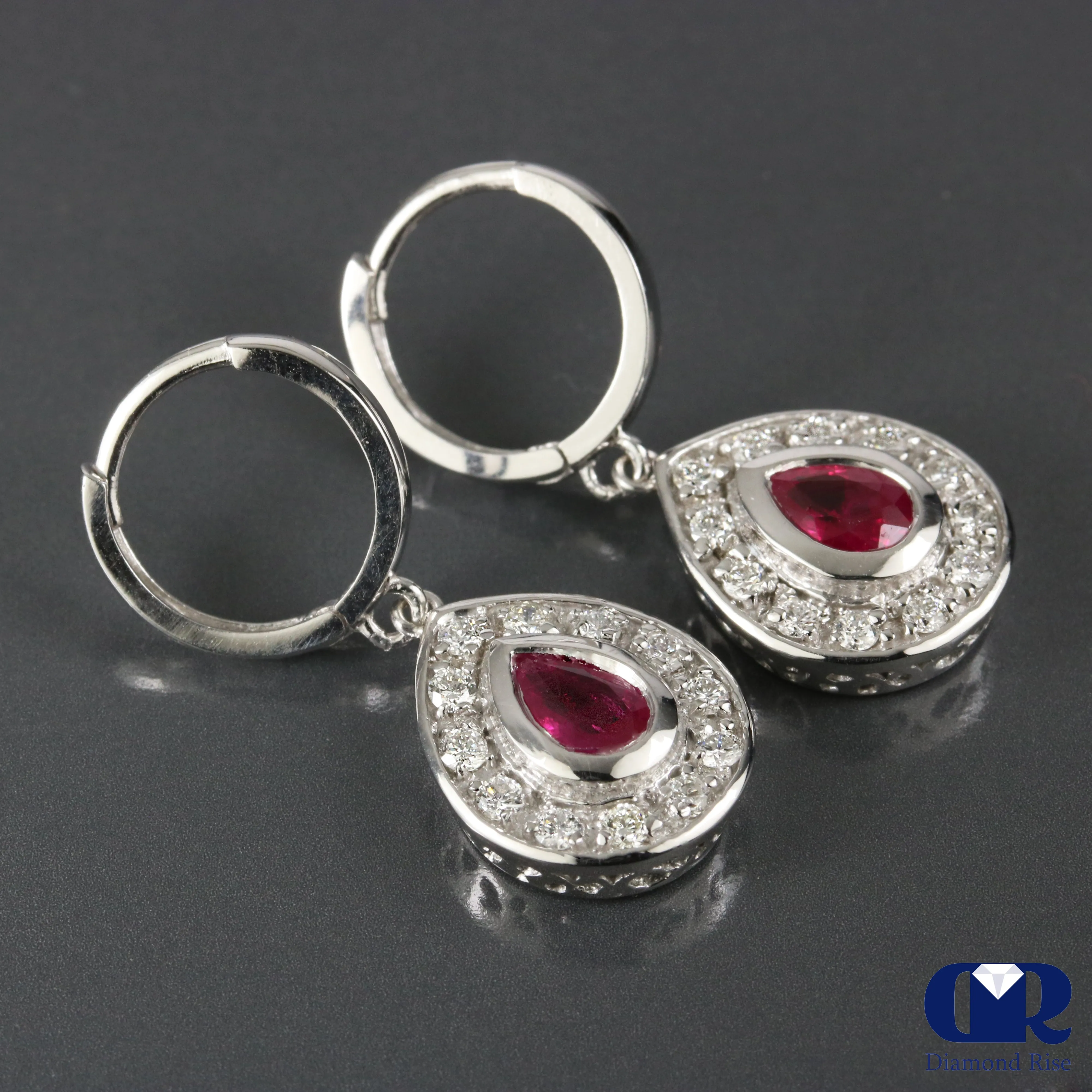 1.75 Carat Ruby & Diamond Pear Shaped Dangle Drop Earrings 14K White Gold