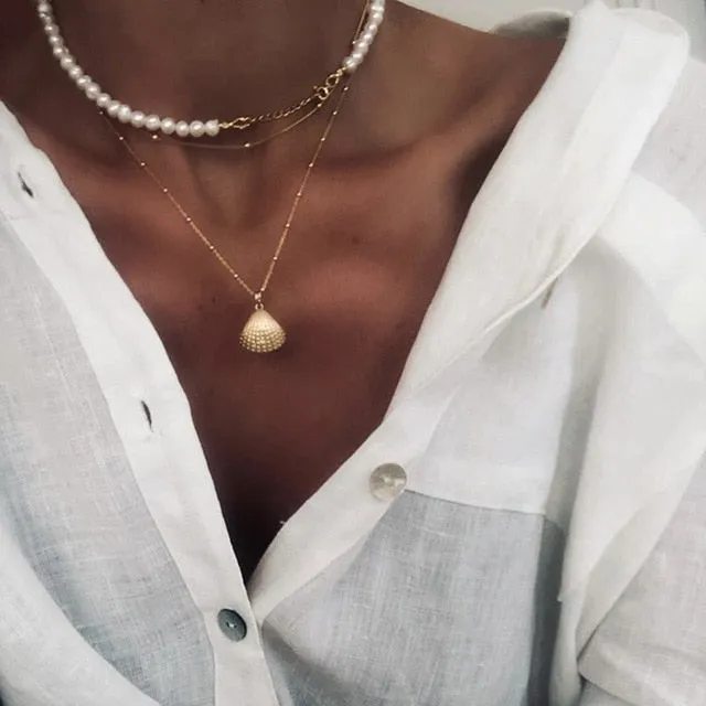17KM Vintage Pearl Necklaces For Women Fashion Multi-layer Shell Knot Pearl Chain Necklace 2020 NEW Coin Cross Choker Jewelry