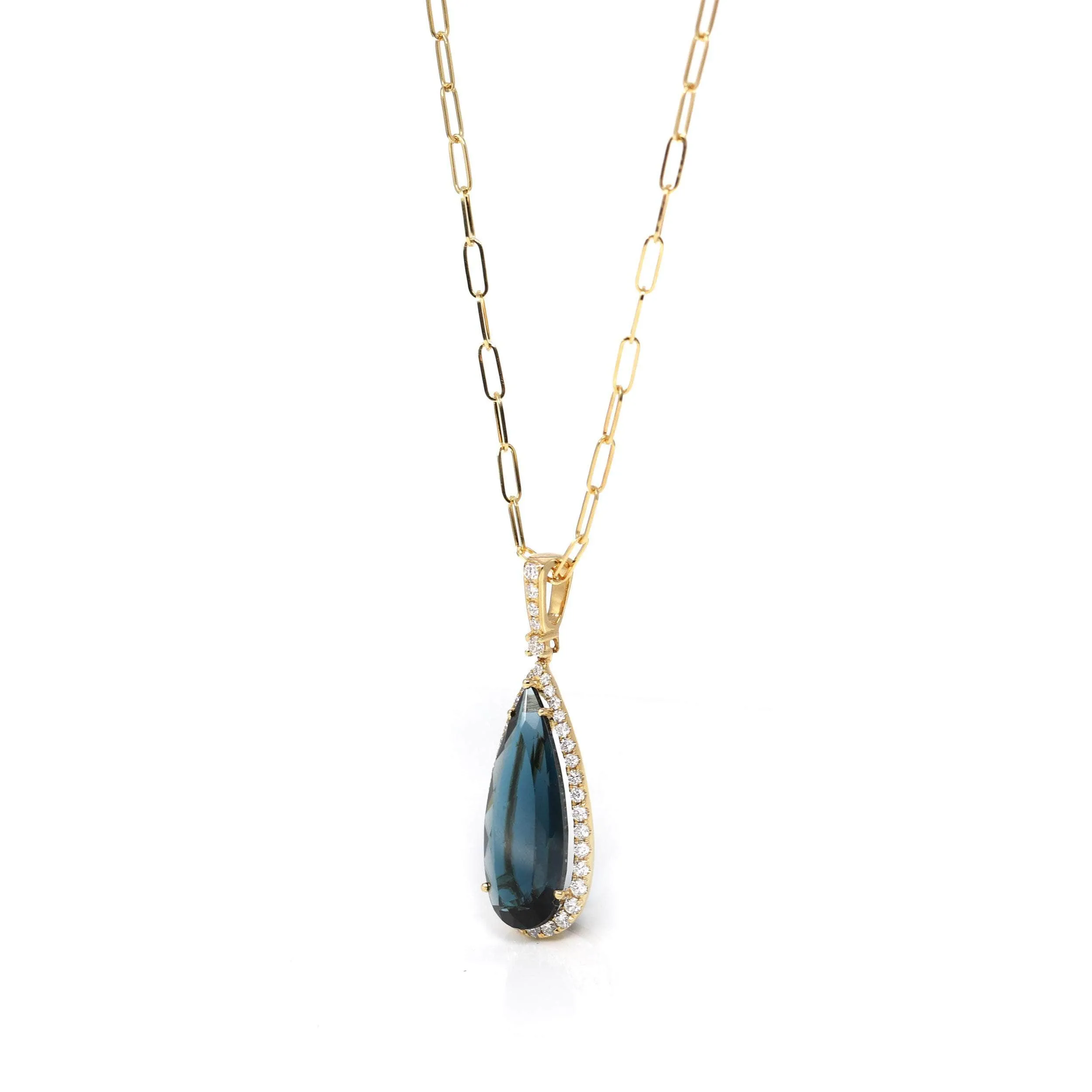 18k Yellow Gold Natural Navy Blue Topaz Pear Cut Necklace With Diamonds