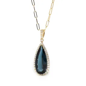 18k Yellow Gold Natural Navy Blue Topaz Pear Cut Necklace With Diamonds
