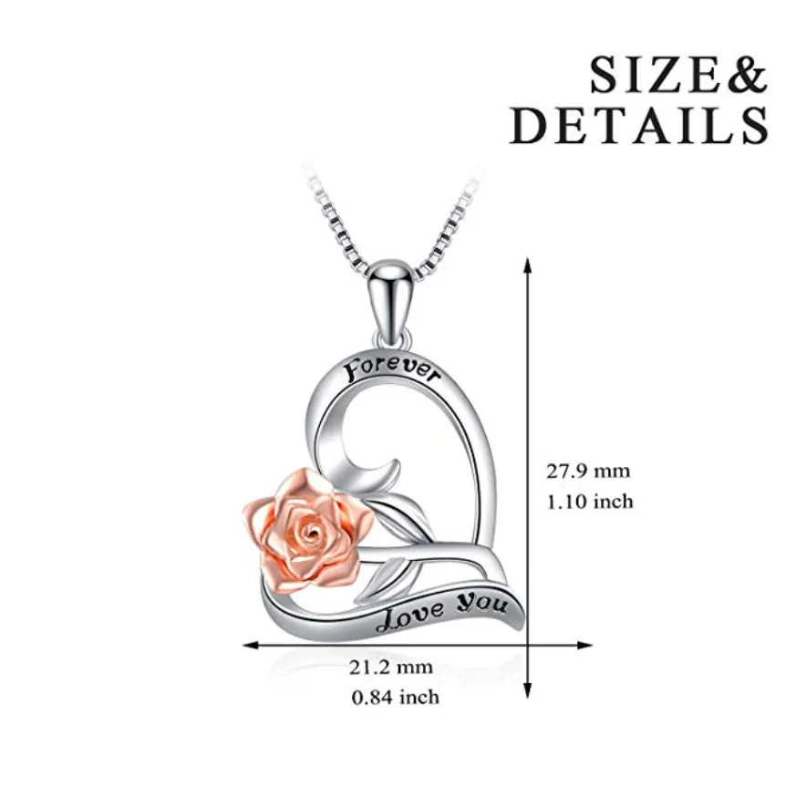 925 Sterling Silver I Love You Heart Rose Necklace Flower Jewelry Gift Rose Mothers Day Anniversary Chain 20in.