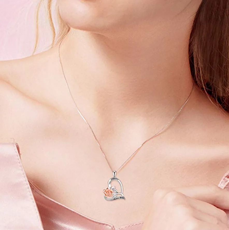 925 Sterling Silver I Love You Heart Rose Necklace Flower Jewelry Gift Rose Mothers Day Anniversary Chain 20in.