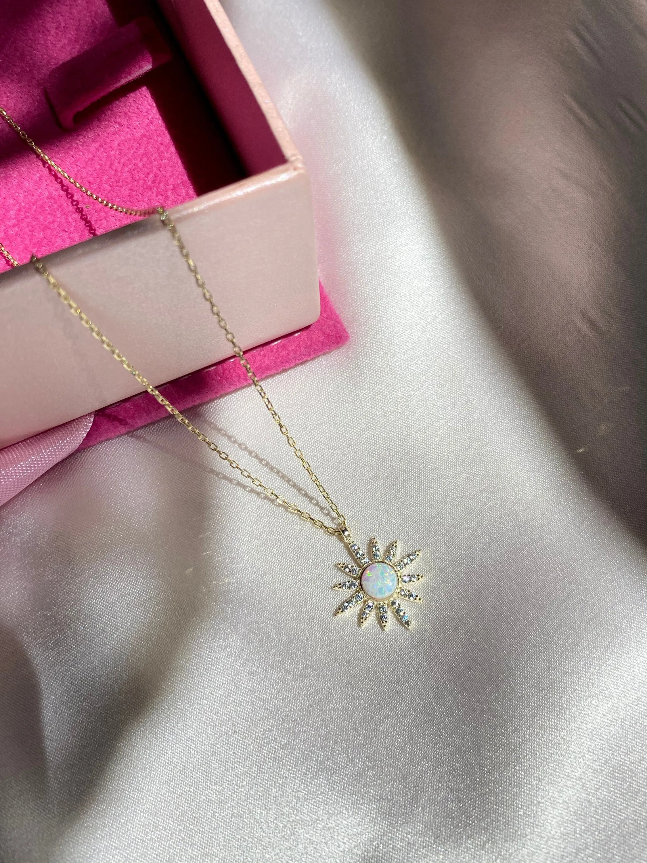 925 Sterling Silver Opal Stone Sun Necklace, Celestial Jewelry, Necklace for women, Opal Charm Necklace, Tiny Rainbow Opal Sun, Natural Opal