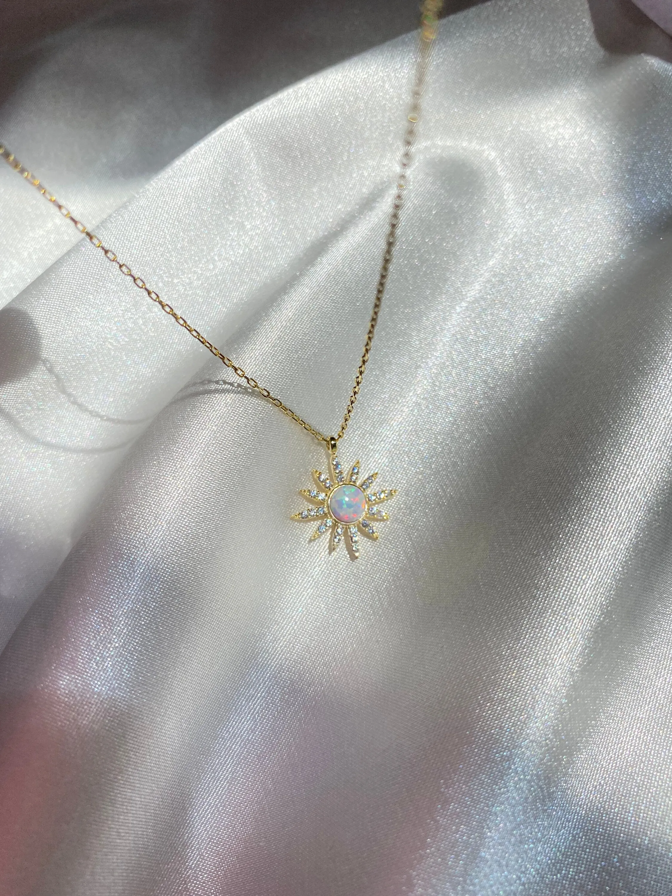 925 Sterling Silver Opal Stone Sun Necklace, Celestial Jewelry, Necklace for women, Opal Charm Necklace, Tiny Rainbow Opal Sun, Natural Opal