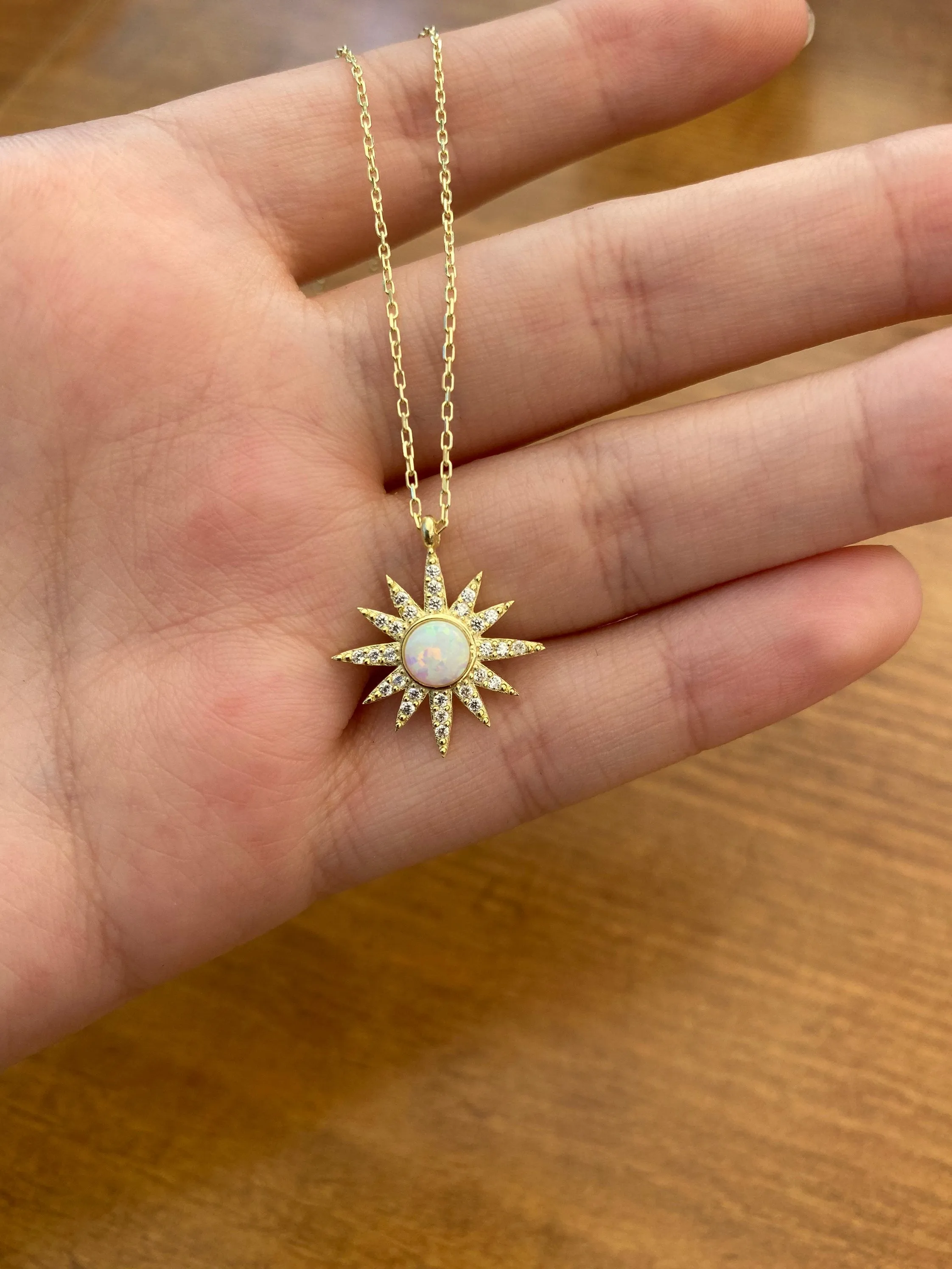 925 Sterling Silver Opal Stone Sun Necklace, Celestial Jewelry, Necklace for women, Opal Charm Necklace, Tiny Rainbow Opal Sun, Natural Opal