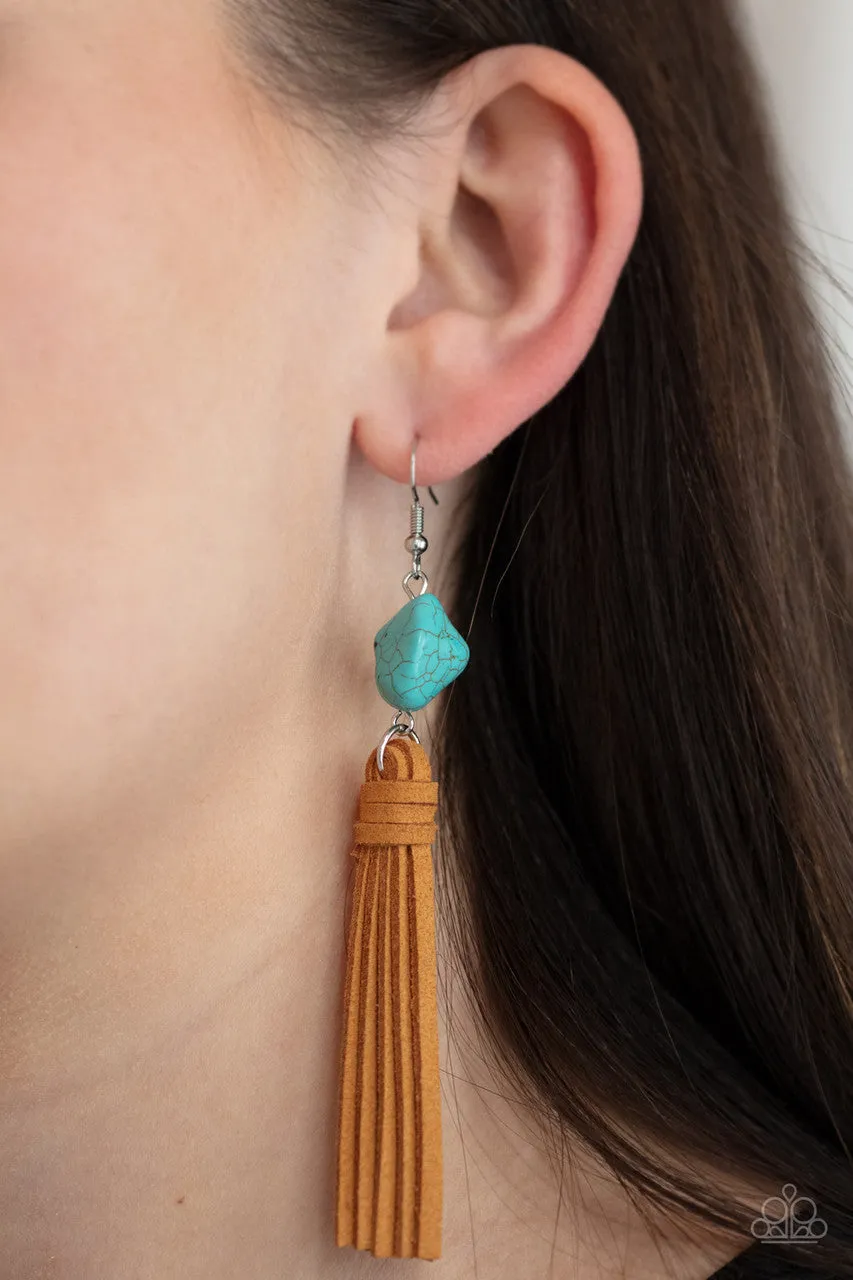 All-Natural Allure - Blue - Turquoise Stone Brown Suede Tassel Paparazzi Fishhook Earrings
