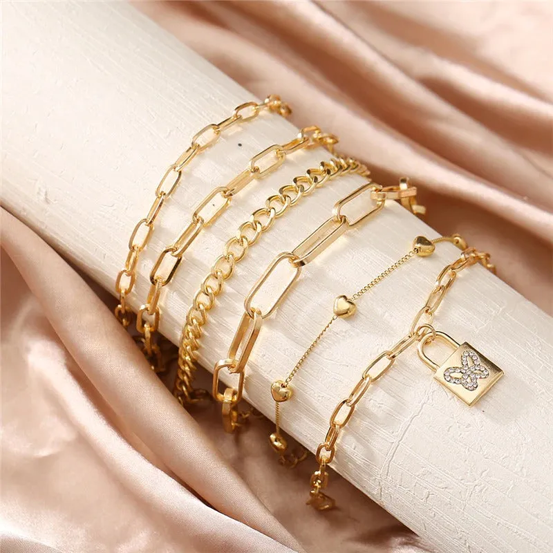 Alloy Personality Heart Chain Butterfly Lock Pendant Combination Bracelet