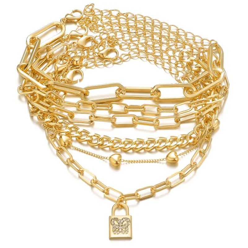 Alloy Personality Heart Chain Butterfly Lock Pendant Combination Bracelet