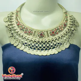 Antique Tribal Torque Choker Necklace With Red and Green Stones