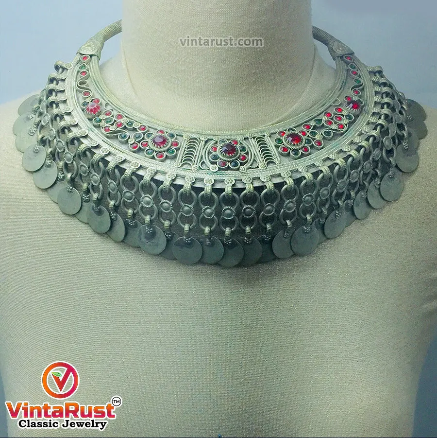 Antique Tribal Torque Choker Necklace With Red and Green Stones