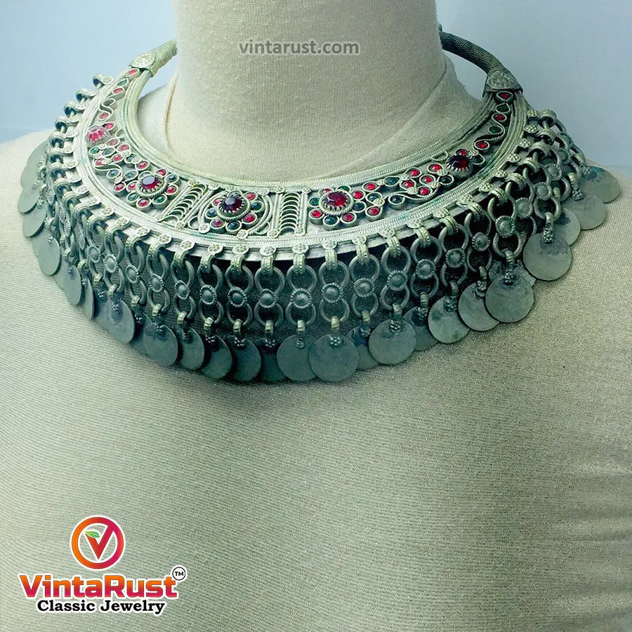 Antique Tribal Torque Choker Necklace With Red and Green Stones