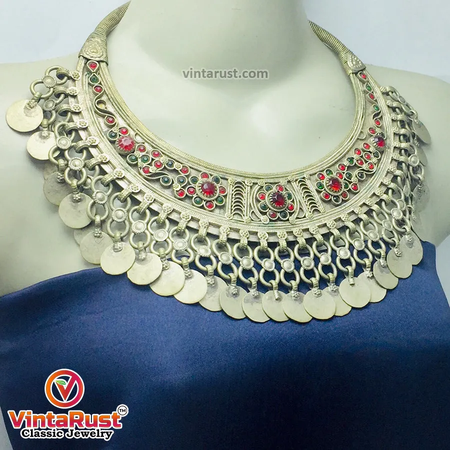 Antique Tribal Torque Choker Necklace With Red and Green Stones