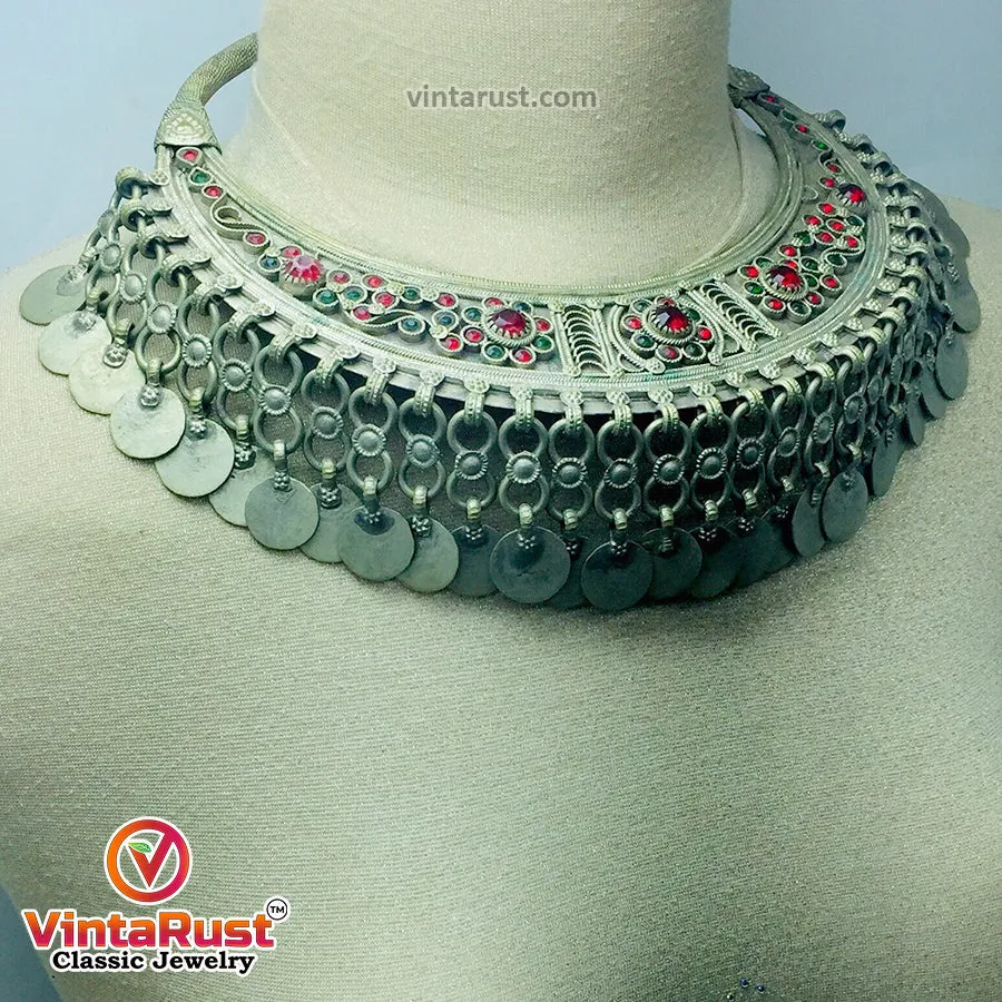 Antique Tribal Torque Choker Necklace With Red and Green Stones
