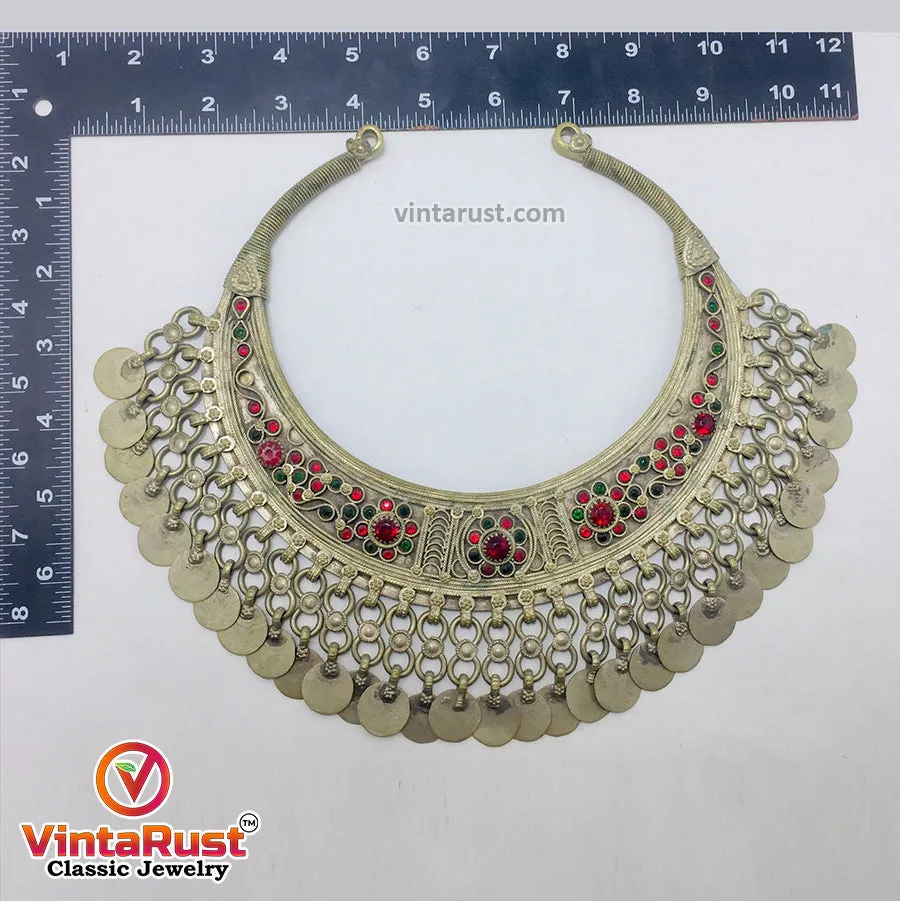 Antique Tribal Torque Choker Necklace With Red and Green Stones