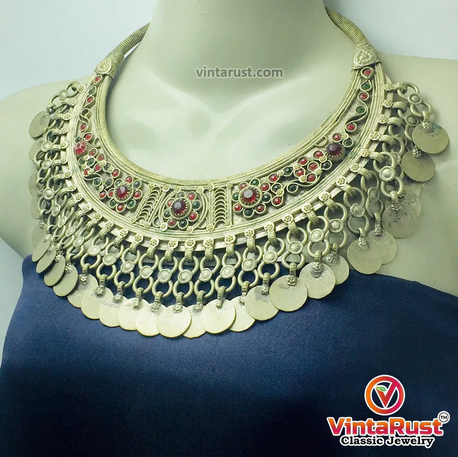 Antique Tribal Torque Choker Necklace With Red and Green Stones
