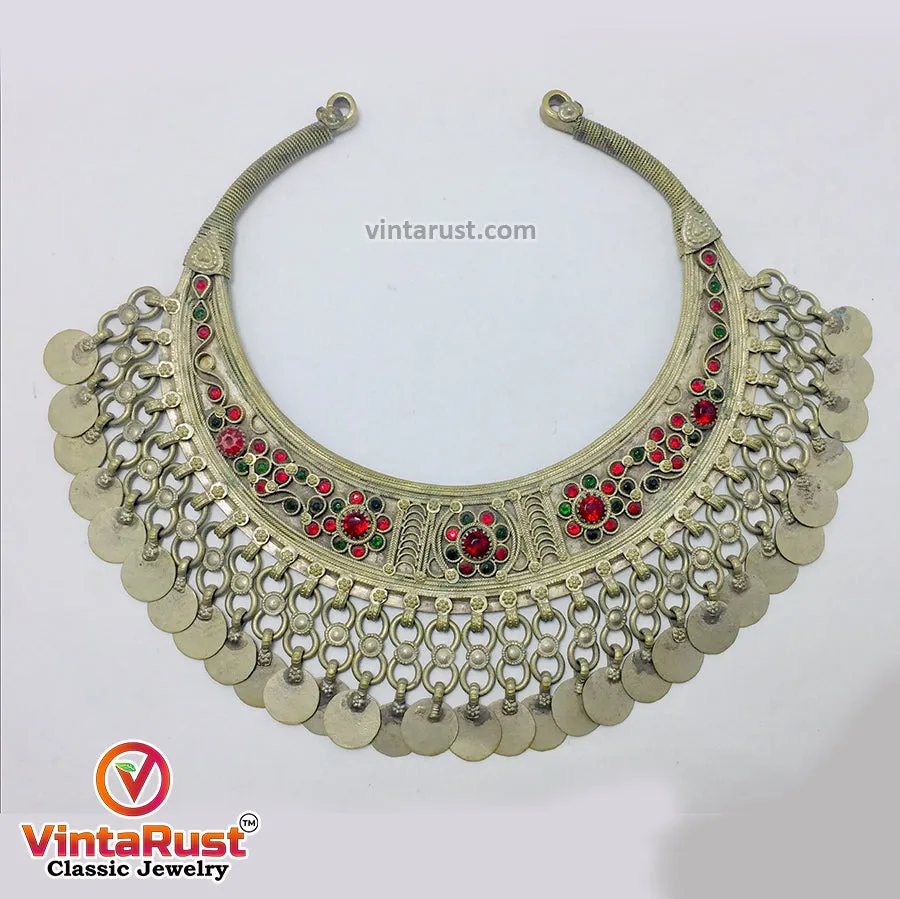 Antique Tribal Torque Choker Necklace With Red and Green Stones