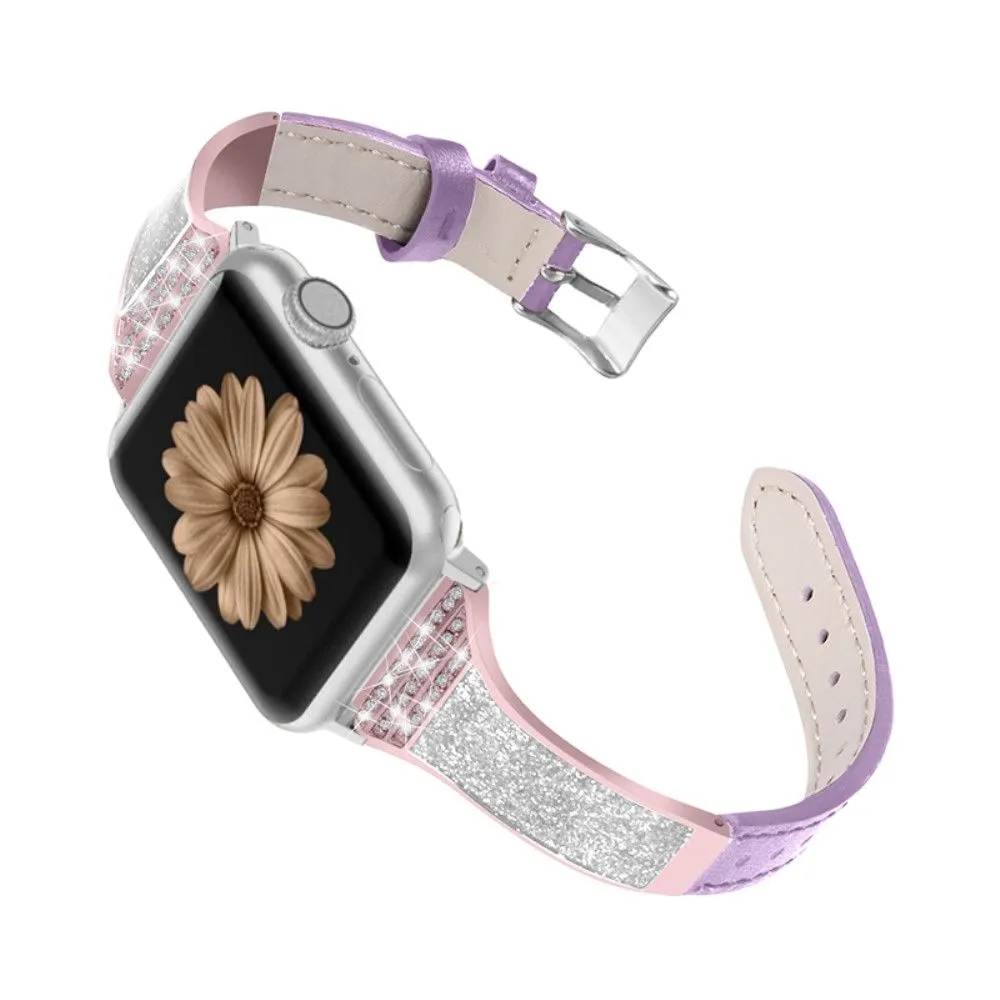 Apple Watch (45mm) rhinestone décor genuine leather watch strap - Purple
