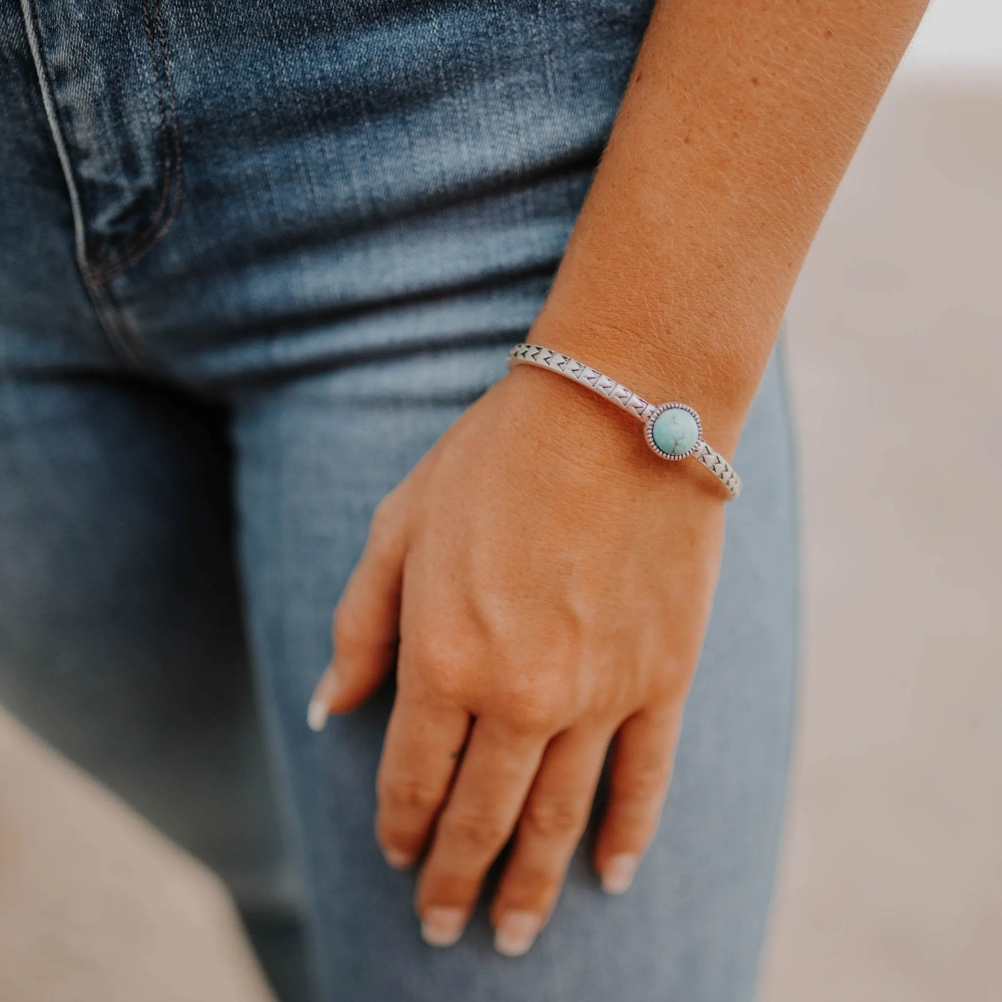 Aztec Stamped Turquoise Stone Cuff