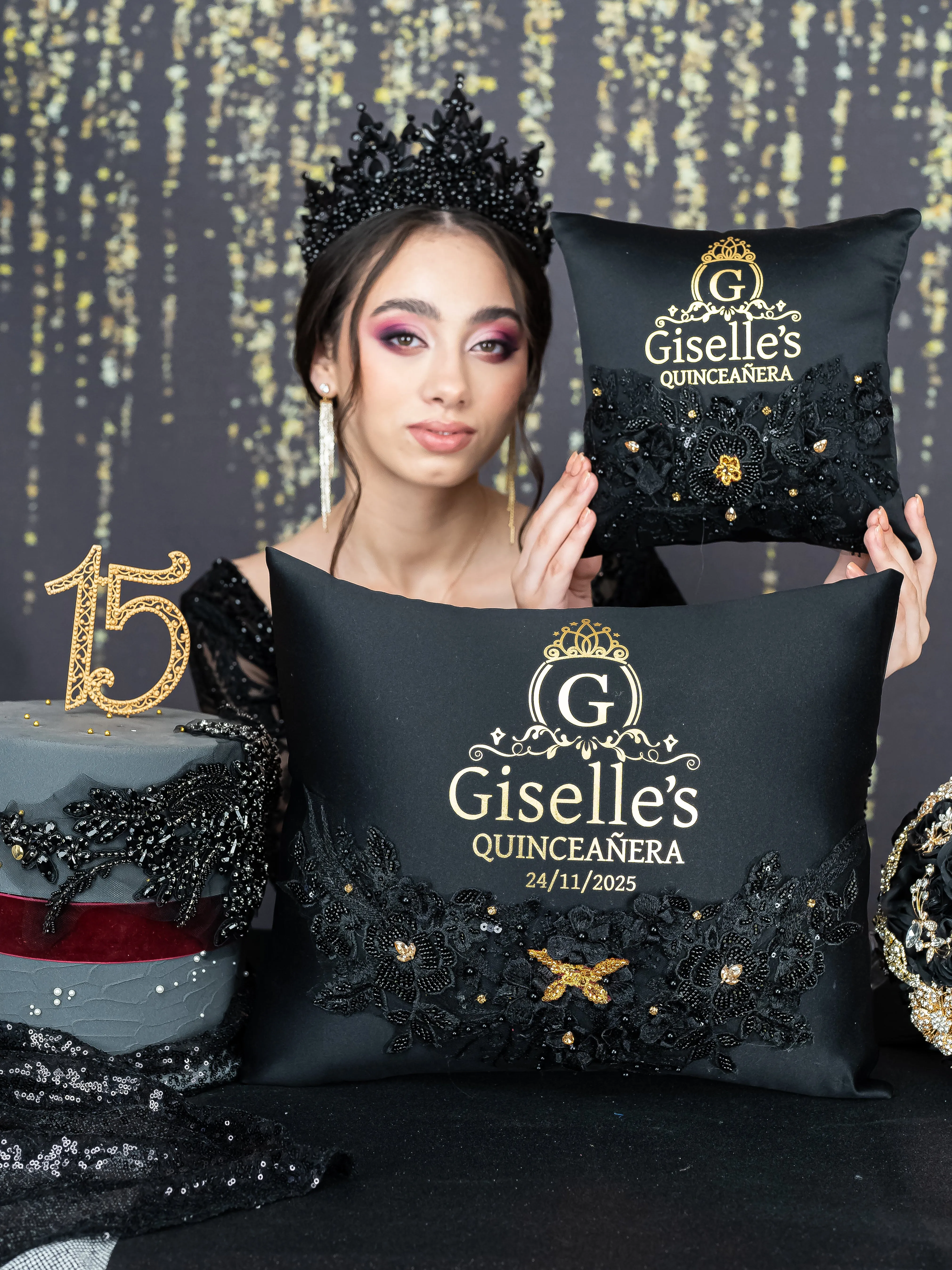 Black Quinceanera Tiara Pillow