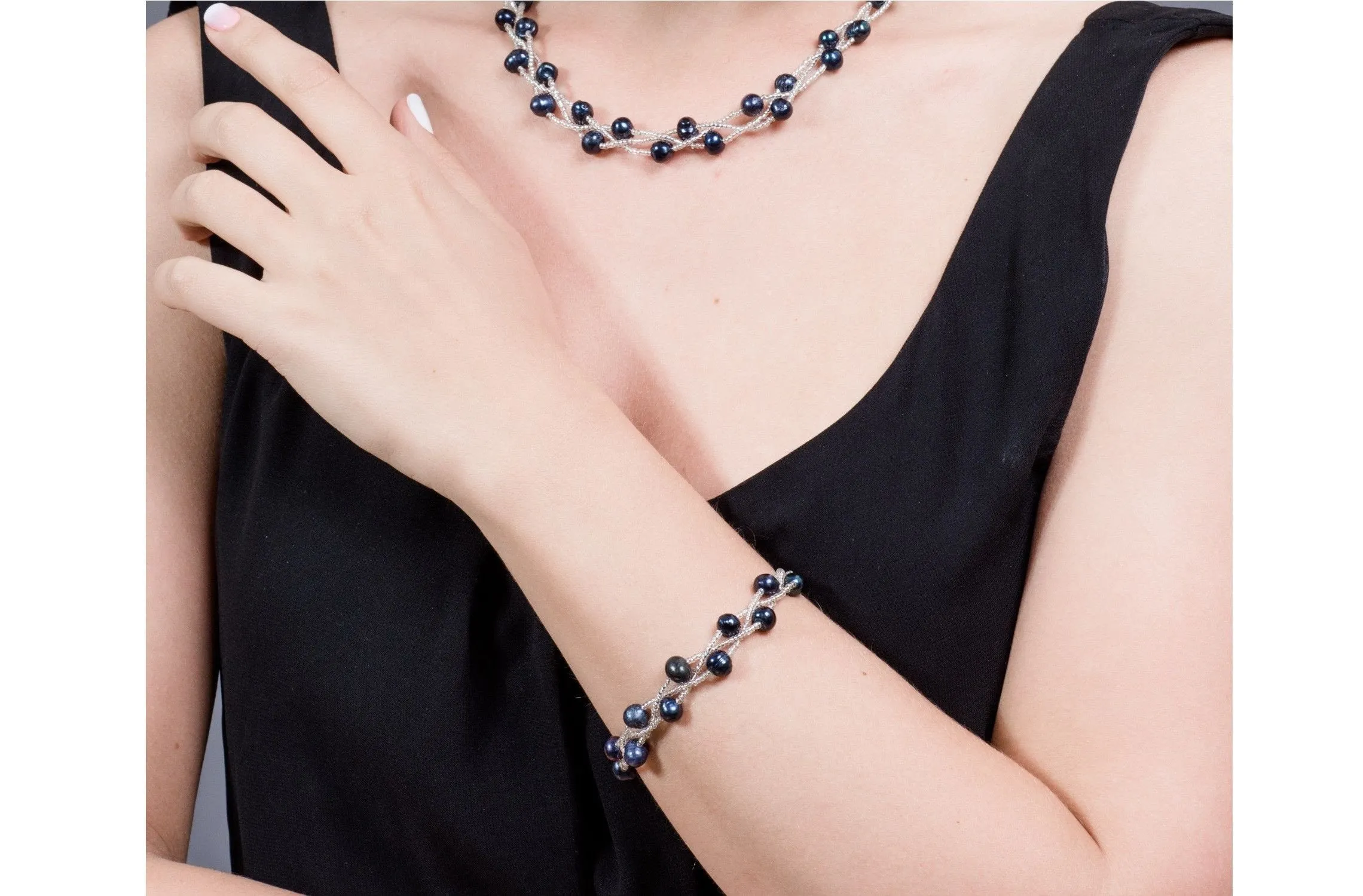 Blue Braided Freshwater Pearl Bracelet 7mm