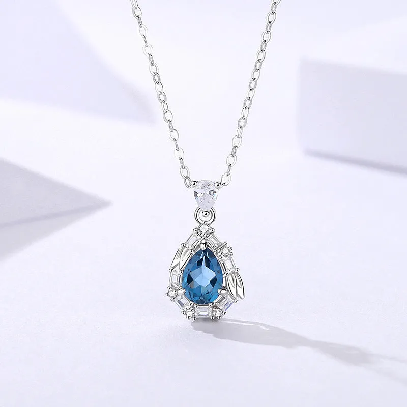 Blue drop-shaped topaz necklace women's s925 sterling silver elegant high-end clavicle chain jewelry