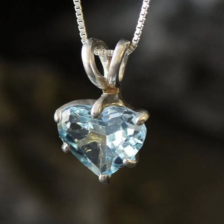 Blue Heart Pendant - Natural Blue Topaz, December Birthstone, Love Necklace