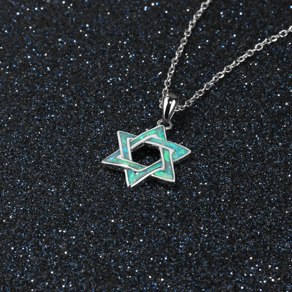 Blue Opal Hexagonal Star Sterling Silver Necklace