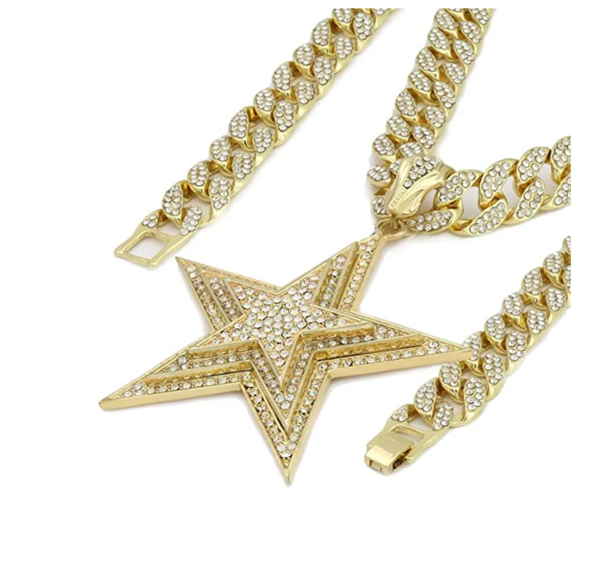Cuban Link Star Chain Gold Color Pendant Hip Hop Star Jewelry Simulated Diamond Star Necklace
