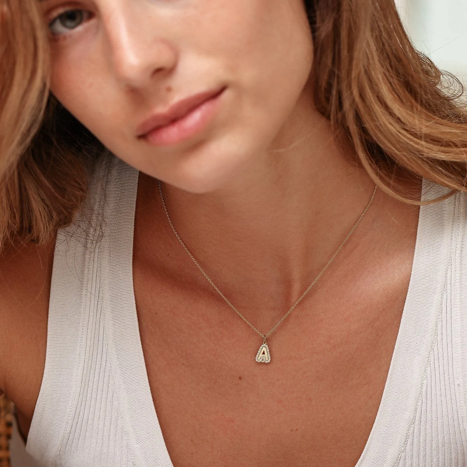 Diamond Bubble Initial Necklace - 14K Rose Gold