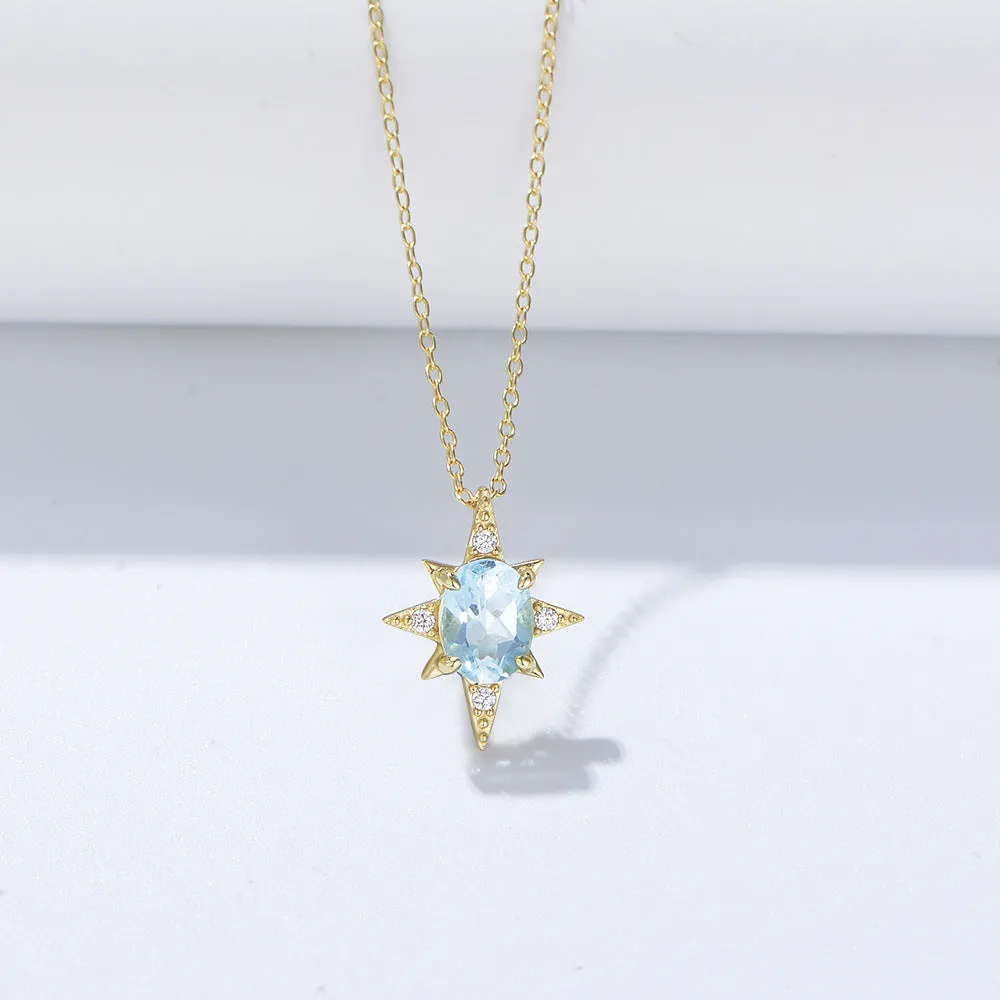 Eight-pointed star with Oval Sky Blue Topaz Pendant Sterling Silver for Women