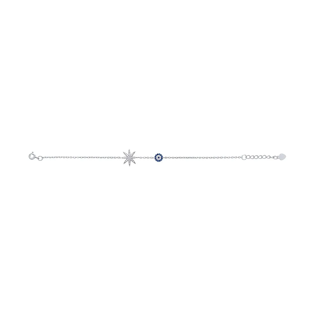Evil Eye and Eight Point Star Bracelet with Cubic Zirconia in Sterling Silver