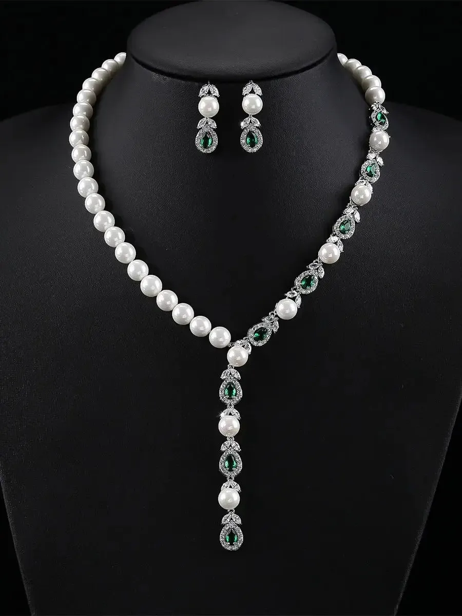 Fashion Women Green Crystal Pearl String Bridal Jewelry Sets Earrings Necklace Wedding Jewelry Accessories Set CN11024