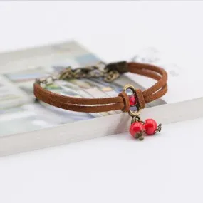 Female's Korean Multi-Layered Crystal Sweet Red Water Droplets Leather Rope With Small Cherry Charm Bracelet