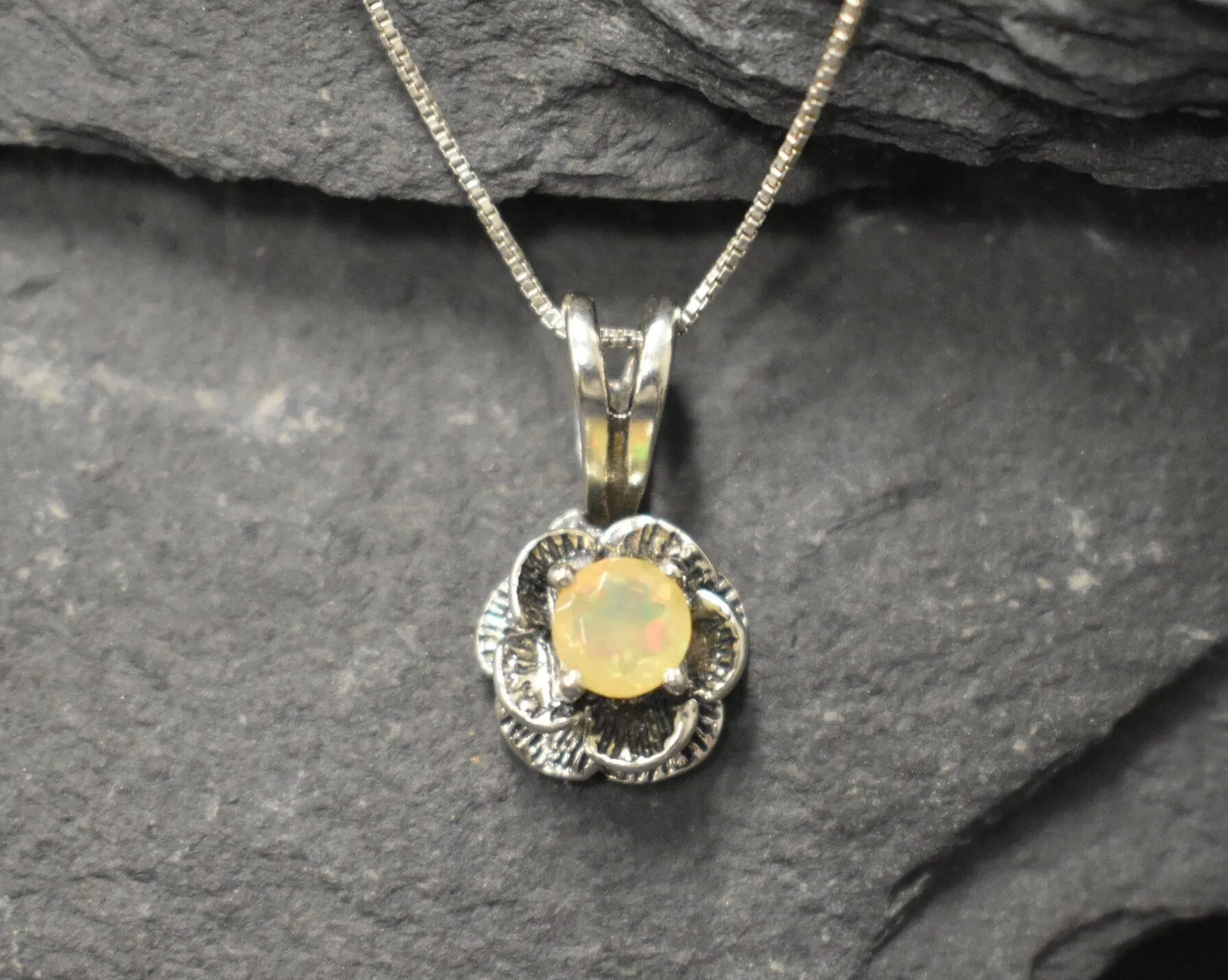Fire Opal Pendant - White Flower Necklace - October Birthstone Necklace