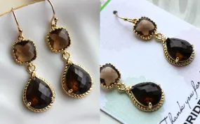 Gold Brown Earrings Two Tiered - Smoky Brown Topaz Wedding Jewelry - Smokey Brown Bridesmaid Earrings Gift Bridal Jewelry - Gift Under 35