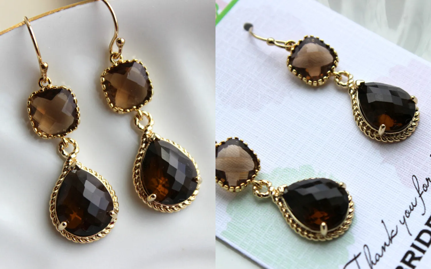 Gold Brown Earrings Two Tiered - Smoky Brown Topaz Wedding Jewelry - Smokey Brown Bridesmaid Earrings Gift Bridal Jewelry - Gift Under 35