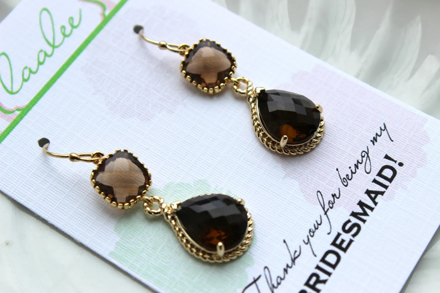 Gold Brown Earrings Two Tiered - Smoky Brown Topaz Wedding Jewelry - Smokey Brown Bridesmaid Earrings Gift Bridal Jewelry - Gift Under 35