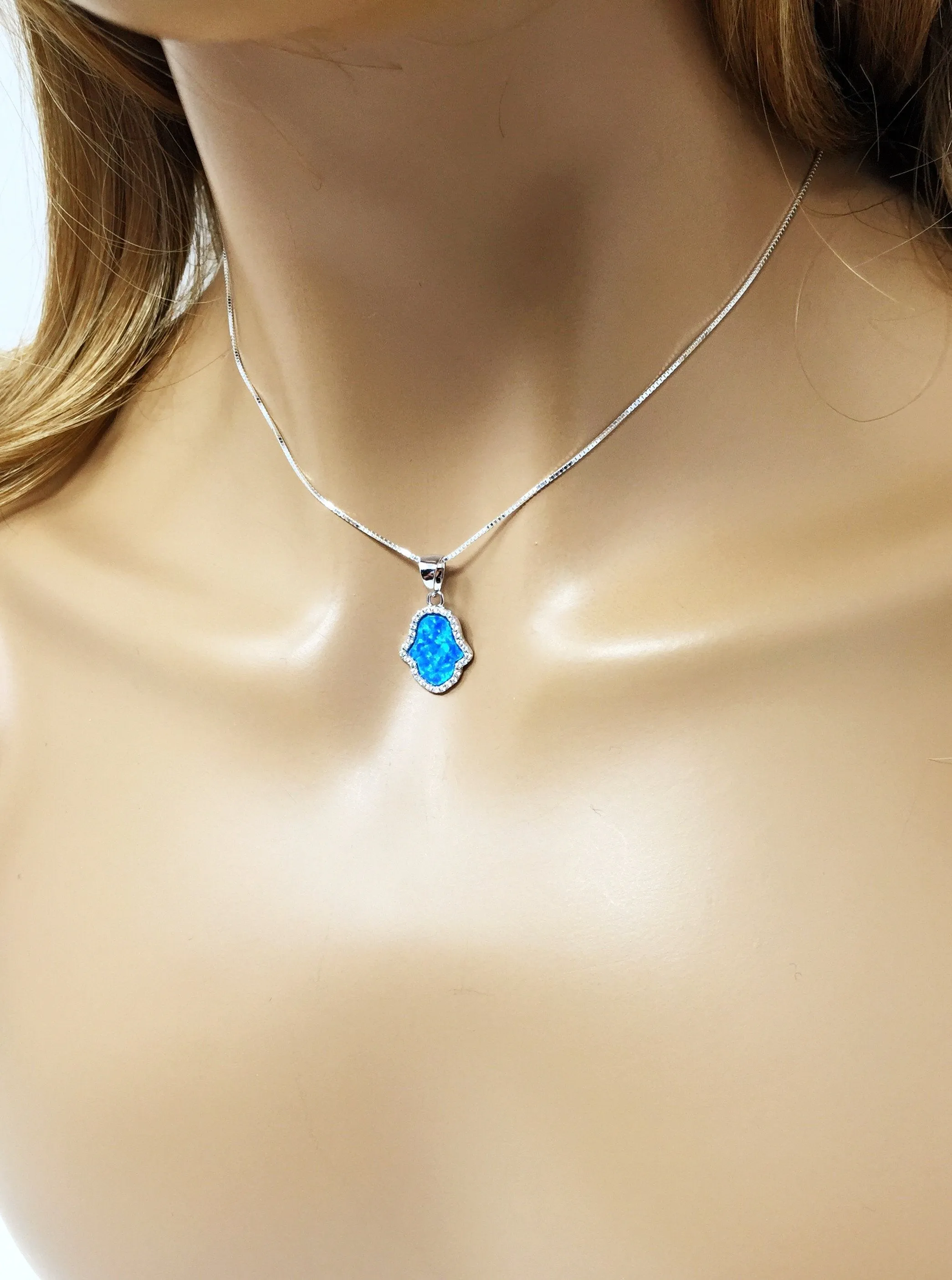 Hamsa Hand Necklace Opal Pendant Sterling Silver Chain Fatima CZ Stones
