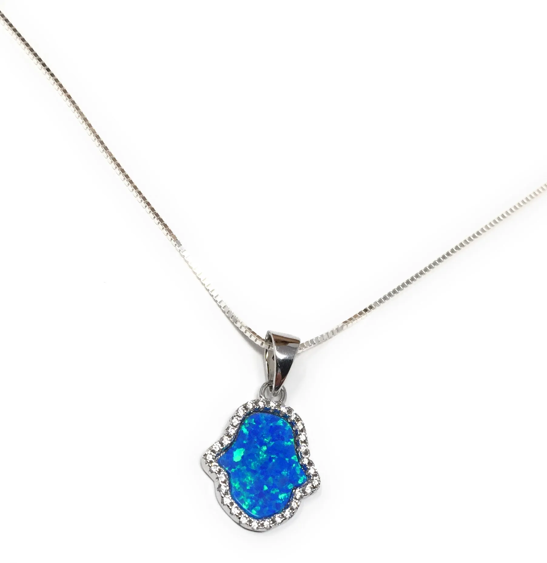 Hamsa Hand Necklace Opal Pendant Sterling Silver Chain Fatima CZ Stones
