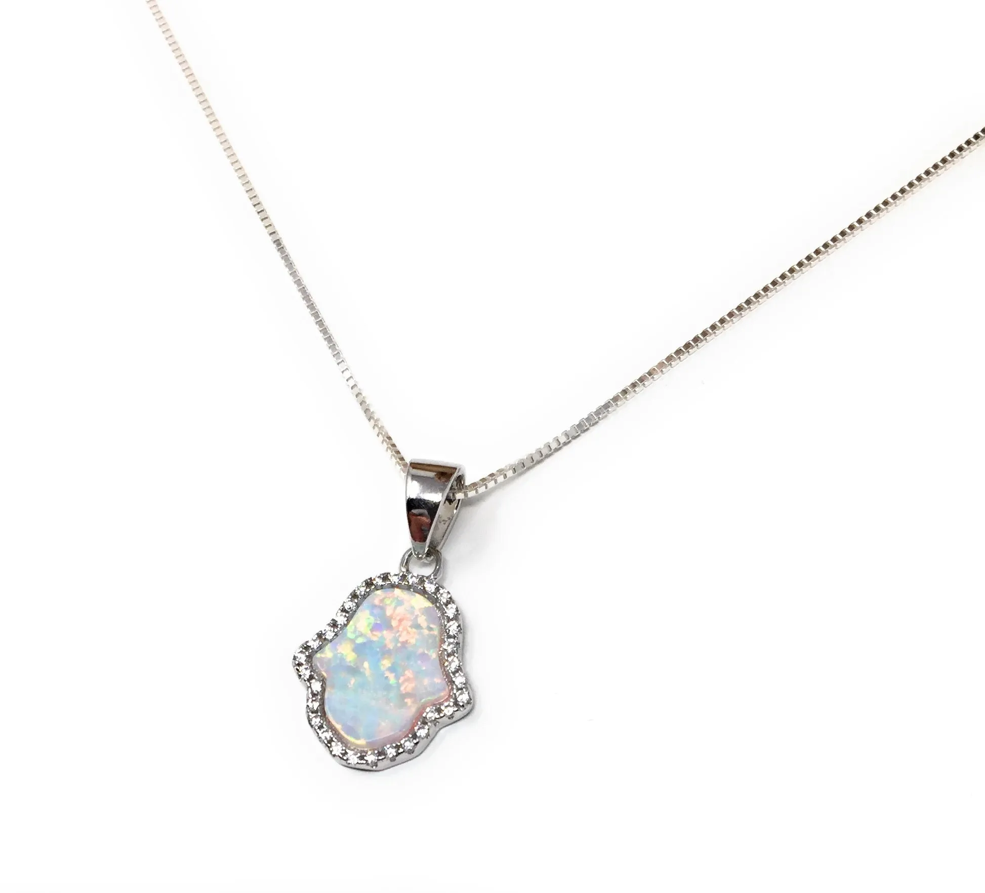 Hamsa Hand Necklace Opal Pendant Sterling Silver Chain Fatima CZ Stones