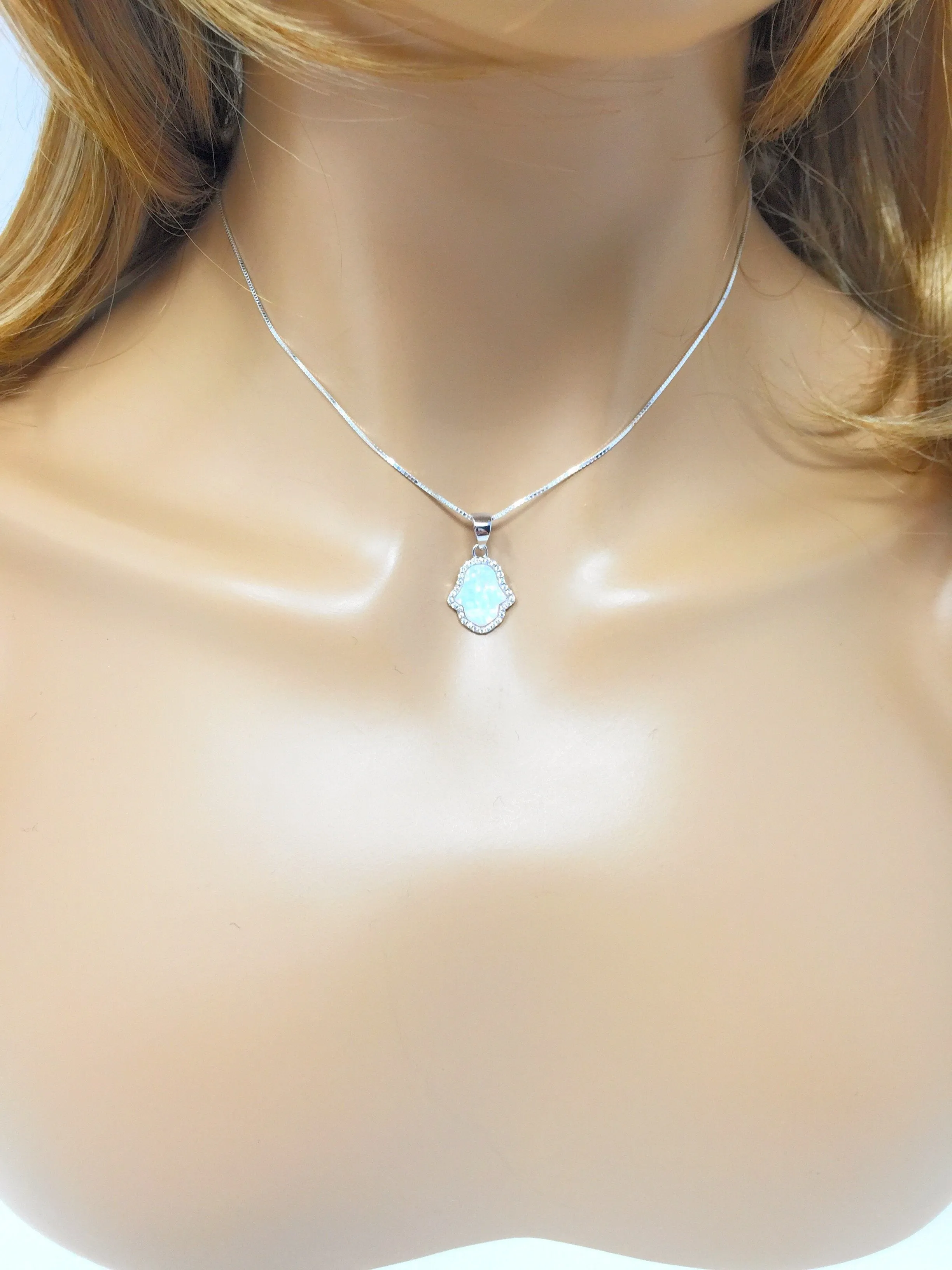 Hamsa Hand Necklace Opal Pendant Sterling Silver Chain Fatima CZ Stones