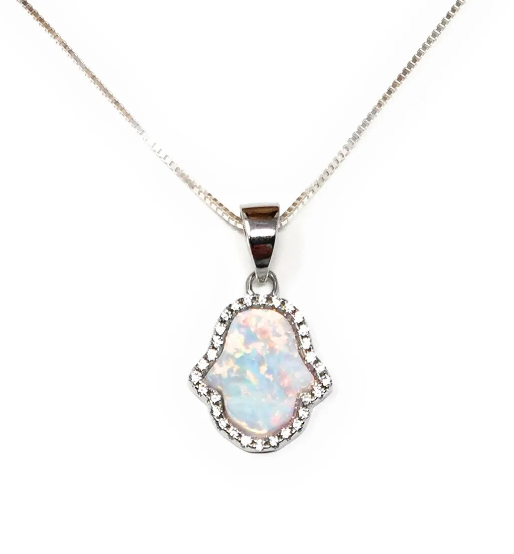 Hamsa Hand Necklace Opal Pendant Sterling Silver Chain Fatima CZ Stones