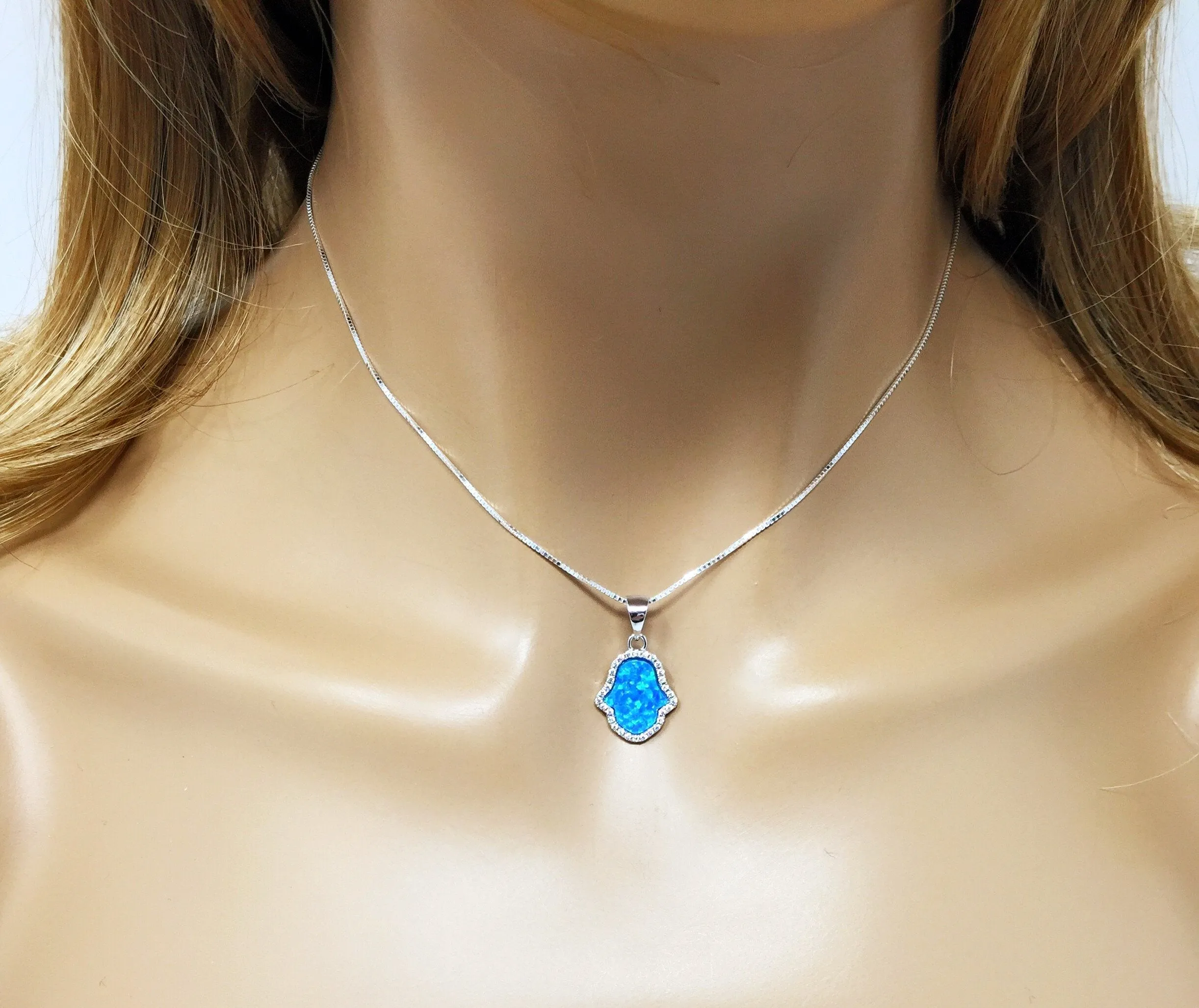 Hamsa Hand Necklace Opal Pendant Sterling Silver Chain Fatima CZ Stones