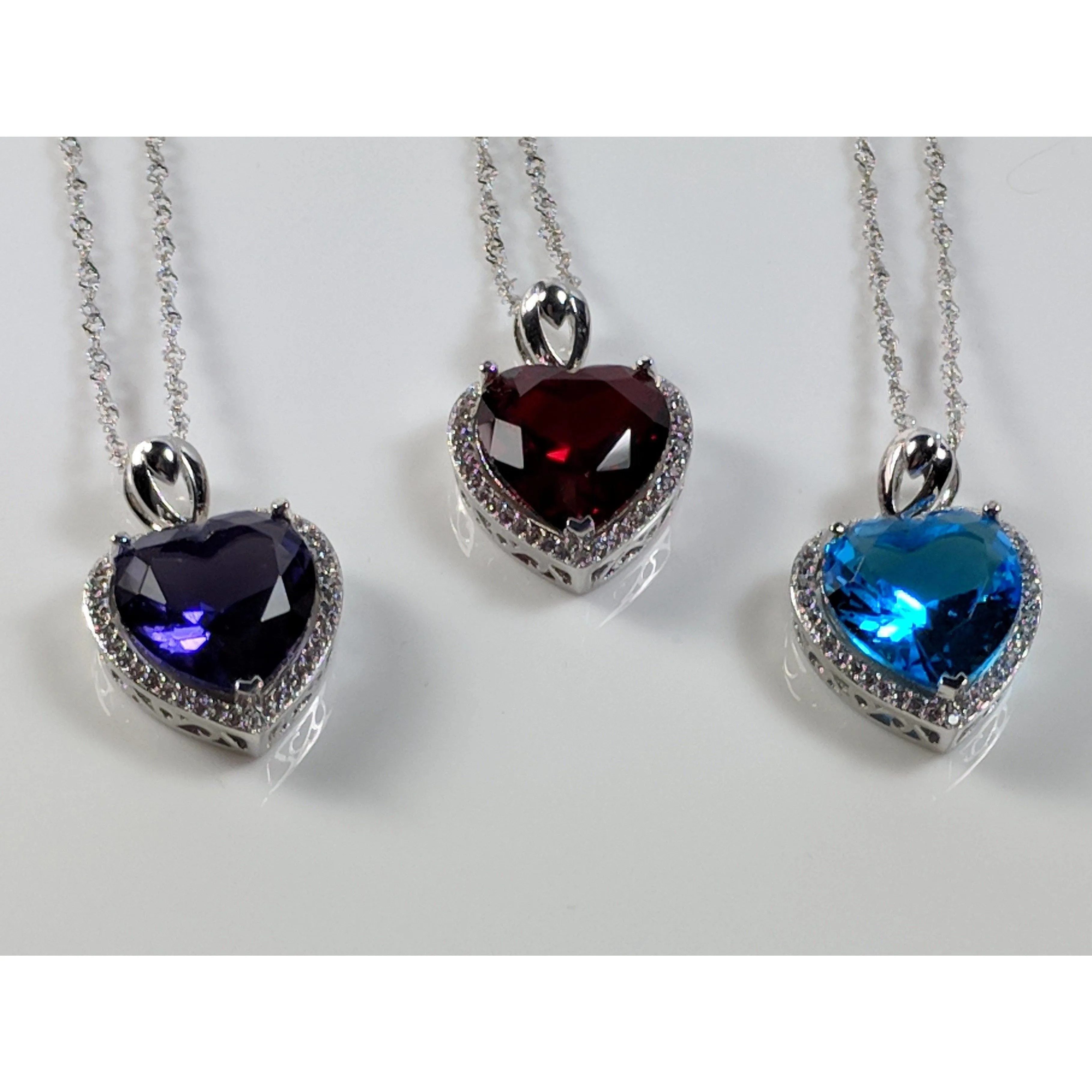 Heart Pendant in 925 Silver, Simulated Ruby, Topaz or Amethyst Crystal with CZ