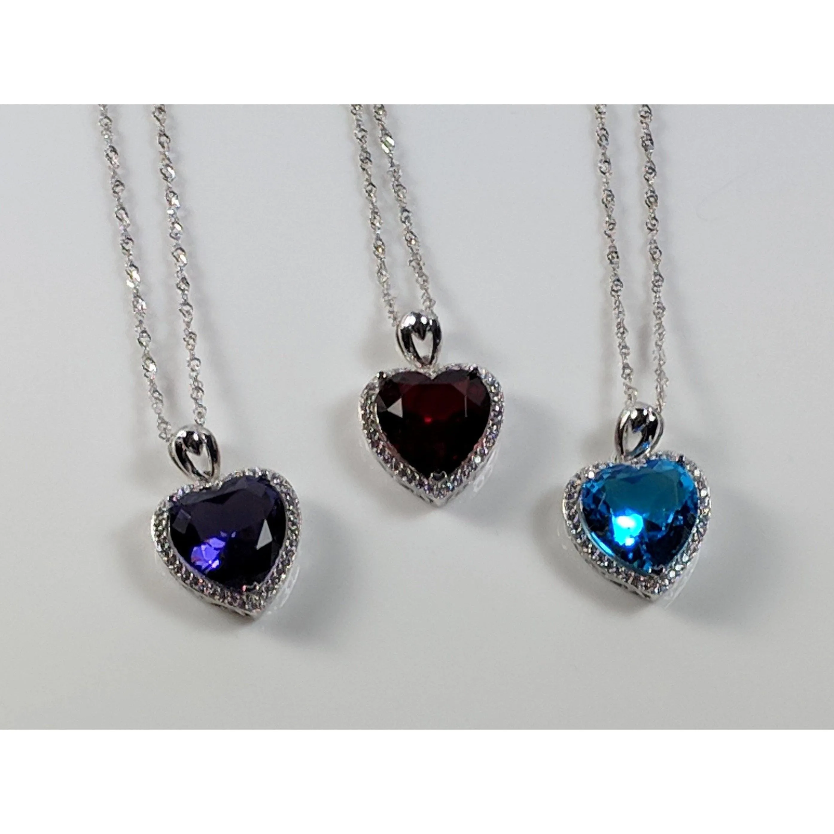 Heart Pendant in 925 Silver, Simulated Ruby, Topaz or Amethyst Crystal with CZ
