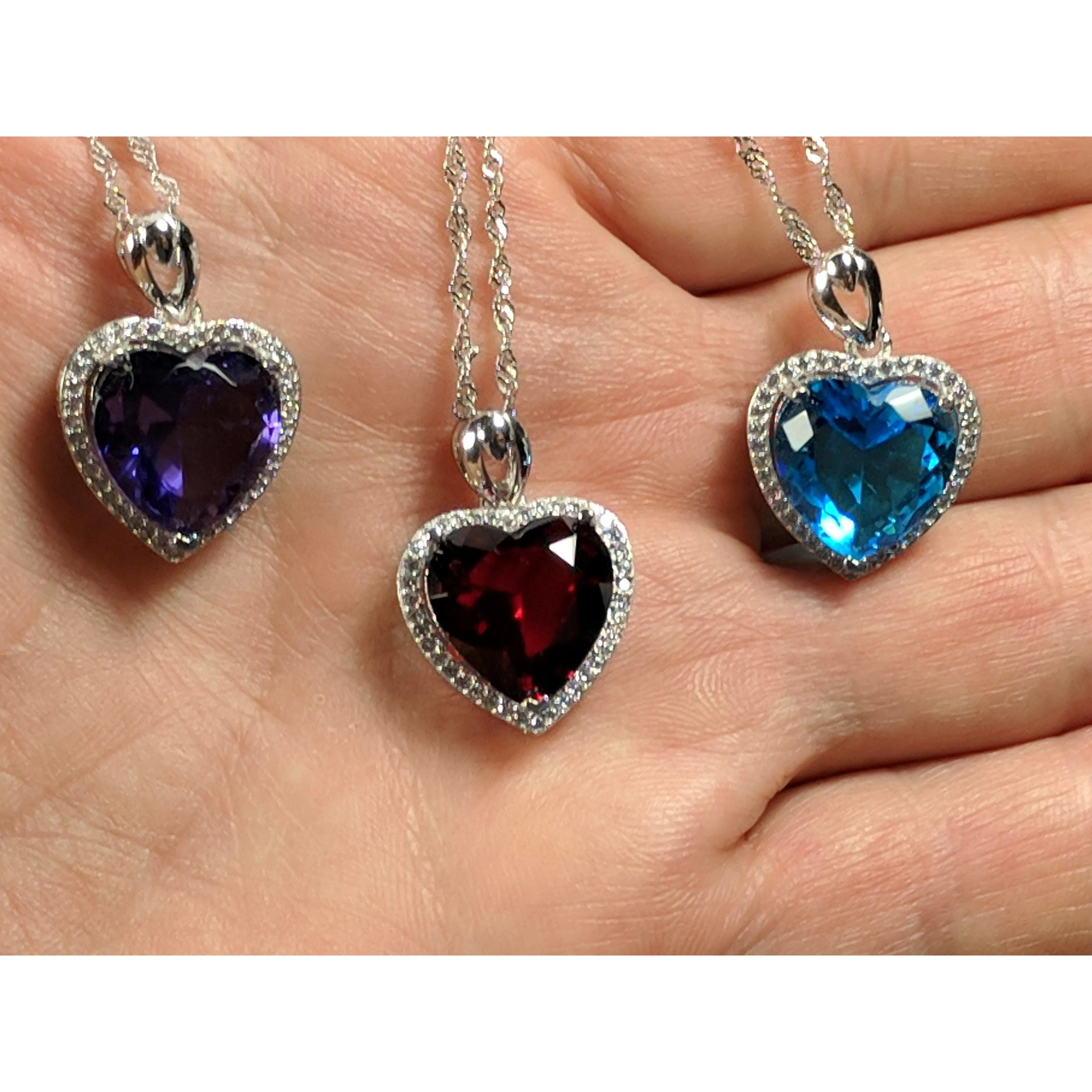Heart Pendant in 925 Silver, Simulated Ruby, Topaz or Amethyst Crystal with CZ