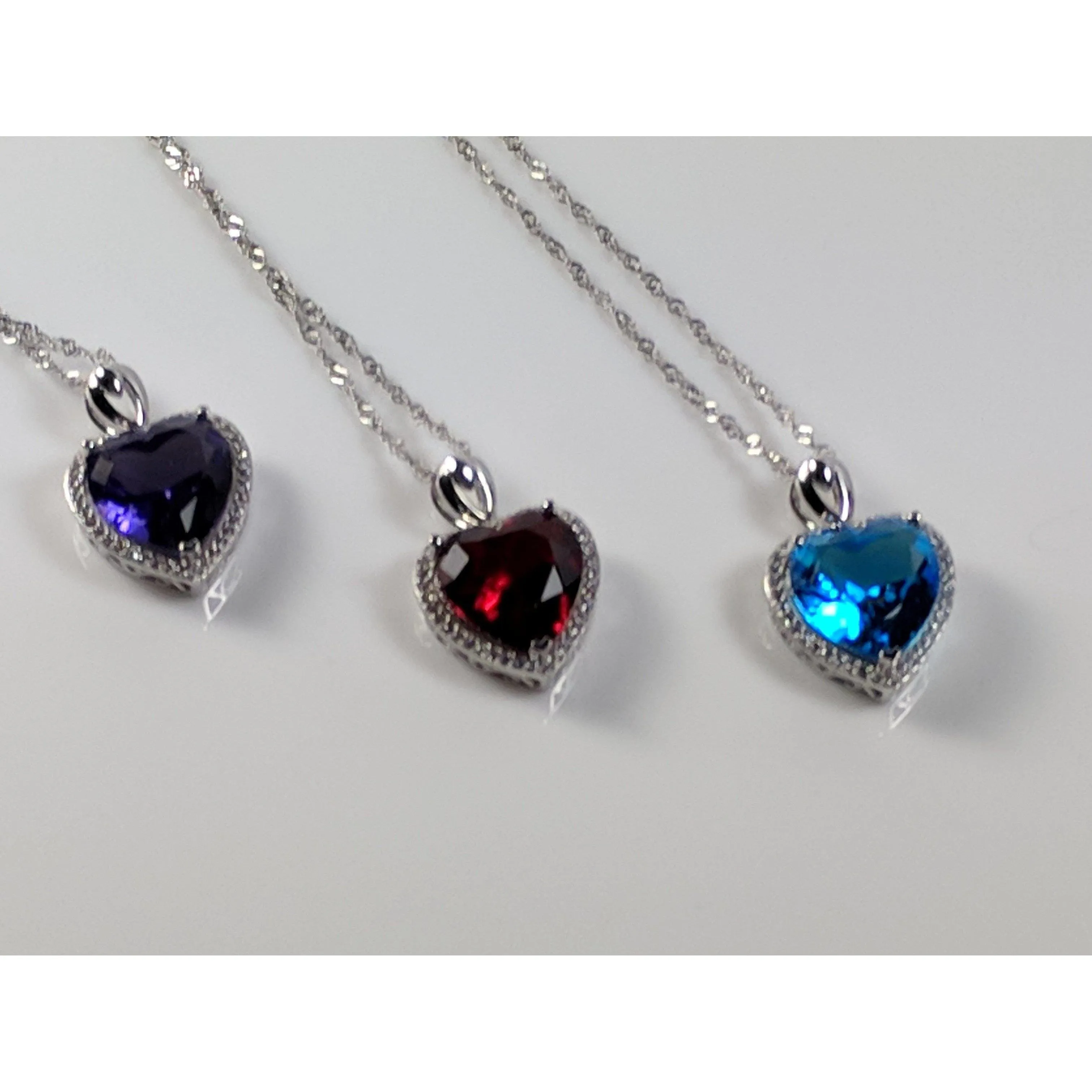Heart Pendant in 925 Silver, Simulated Ruby, Topaz or Amethyst Crystal with CZ