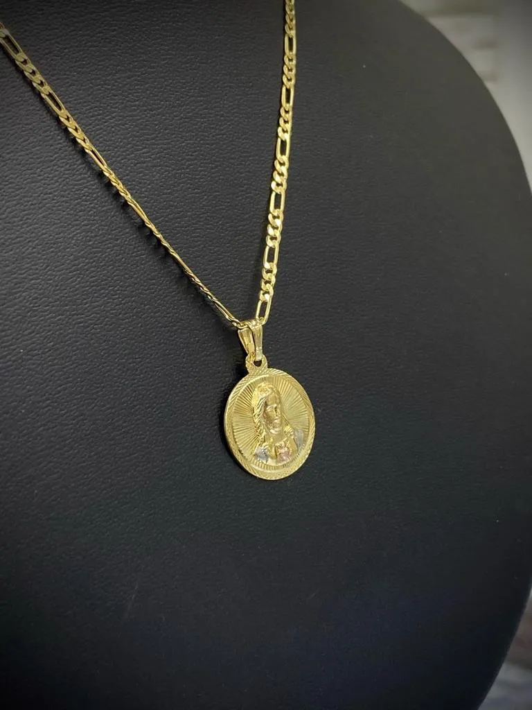 Jesus Pendant Necklace Figaro Chain For Mens Womens 14K Gold Filled 21x18mm