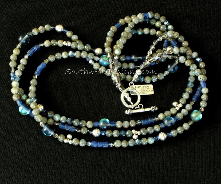 Labradorite and Indonesian Glass 3-Strand Necklace with Fire Polished Glass, Iridescent Blue Glass Rounds, and Sterling Silver Beads and Charms