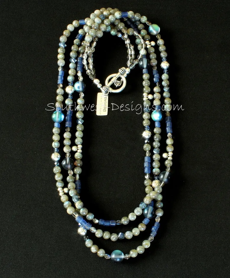 Labradorite and Indonesian Glass 3-Strand Necklace with Fire Polished Glass, Iridescent Blue Glass Rounds, and Sterling Silver Beads and Charms
